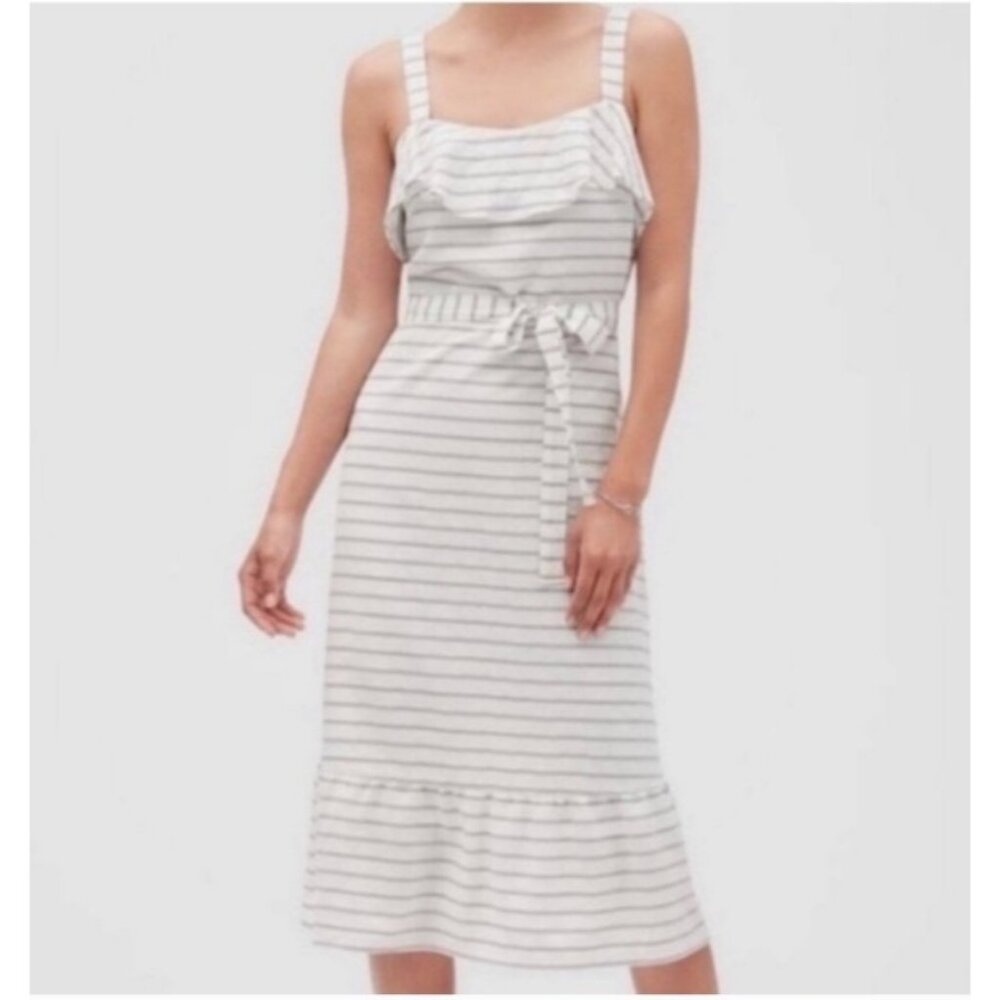 Banana Republic White Black Stripe Ruffle Crepe Midi Dress